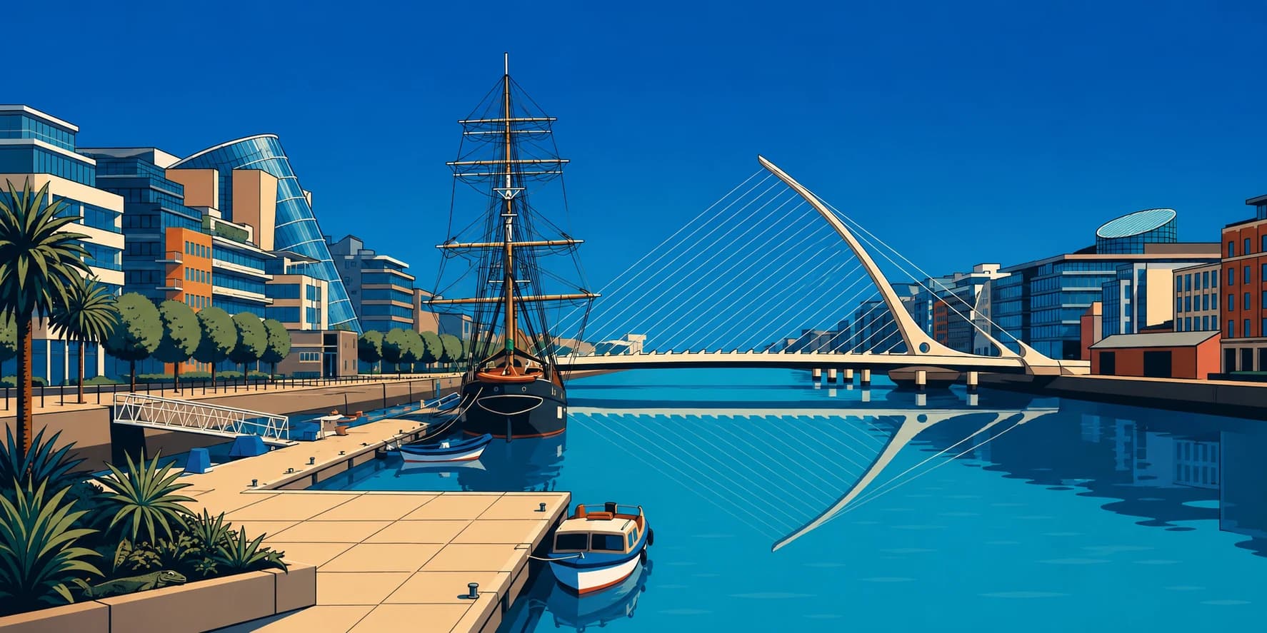 Dublin Docklands, the River Liffey, and Samuel Beckett Bridge in clear summer light.